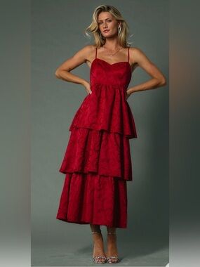 Baltic Born Violetta Embossed Tiered Dress in Deep Red